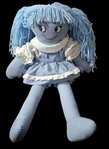 Muñeca de trapo de guinga hecha a mano vintage tela de hilo AZUL delantal 25" juguete de peluche años 70 - Imagen 1 de 6