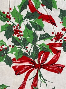 Vintage Christmas Table Linen Bold Holly Berries & Ribbon 95 X 51 W/ Blemishes - Picture 1 of 9