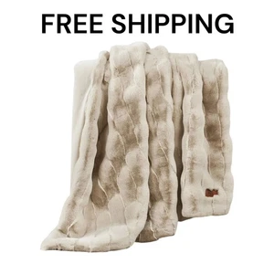 FRYE Luxe Faux Fur Throw, Reversible 60" X 70" Color Beige Super Soft Feels Real - Picture 1 of 13