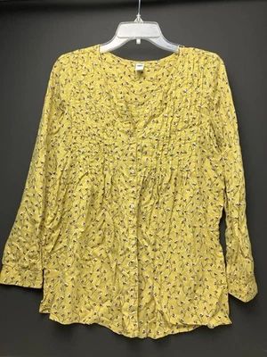 Old Navy Maternity Blouse Top Medium Yellow Floral Pintuck Long Sleeve Button - Image 1 of 4
