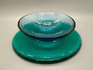 Unique Handcrafted Hudson Beach Aqua Recycled Art Glass Bowl & Plate Set - Picture 1 of 3