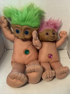 Vintage - 1991 -2 x Treasure Troll Dolls by Ace Novelty 12" (Pink) & 16" (Green) - Picture 1 of 8