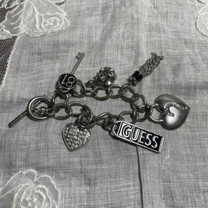 Guess Silver Tone Charm 7" Bracelet Rhinestone Heart Key FP-52 - Picture 1 of 5