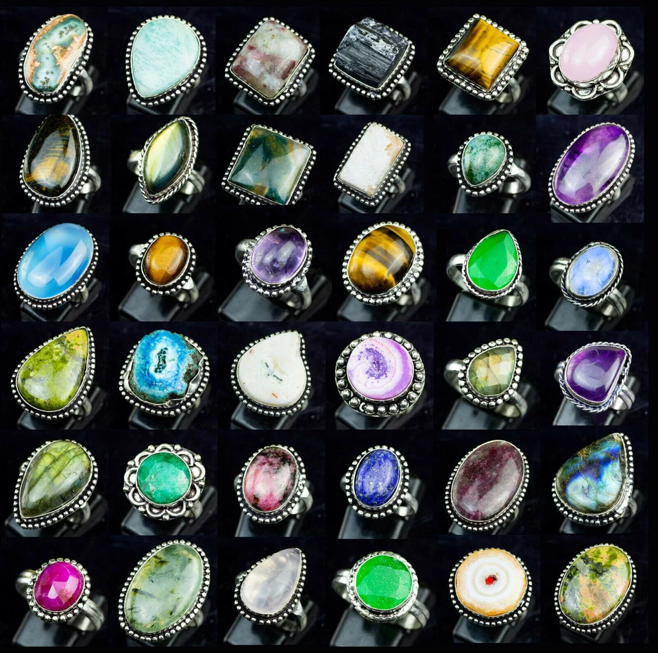 WOW Amethyst & Mix Gemstone 925 Sterling Silver Plated Wholesale Lot Fancy Rings - Imagem 1 de 1