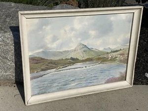1962 Oil on Board Landscape Painting, Mountains & River 30" x 22" She Shed Art! - Imagen 1 de 10
