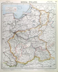 POLONIA: Mapa de Polonia, Varsovia en el centro, del Atlas Popular de Letras 1884. - Imagen 1 de 1