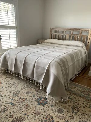 Hand loom Queen Size Cotton Bedspread From Oaxaca Mexico. Size 97” W  X 107” L - Image 1 of 4