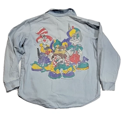 Camisa masculina vintage Jerry Leigh Loony Tunes personagens Chambray 1993 G feita nos EUA - Imagem 1 de 4