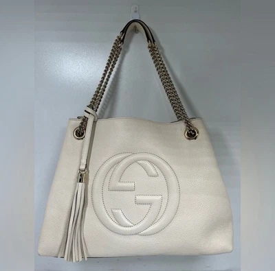 Bolso de Mano Gucci Soho Cuero Mediano con Correa de Cadena Marfil/Blanco roto  Foto 1 de 4