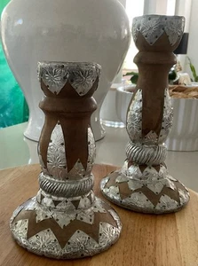 RARE Vtg Pair Wood Silver Candle Holders Bohemian Old World Decor 9 in / 7 in - Picture 1 of 5