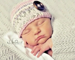 Hand Knitted Baby Hat Beanie Prop Fair Isle Nordic Girl Pink Grey Newborn-12M - Picture 1 of 24