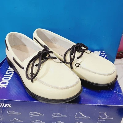 Birkenstock Mujer 38 7 Tennessee Cuero Natural Blanco Charol Cubierta Zapatos Barco Foto 1 de 4