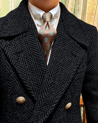 Herringbone Wool Blend Tweed Men Overcoat Long Coats Double Breasted Notch Lapel - Image 1 of 4