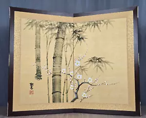Japanese Byobu table top 2 panel folding silk screen, hand painted bamboo flower - Picture 1 of 13