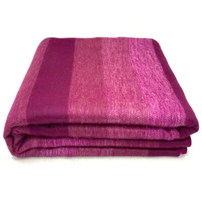 ECUALAMA SOFT & WARM FUCHSIA PINK STRIPED ALPACA LLAMA WOOL BLANKET PLAID 89"x63" QUEEN