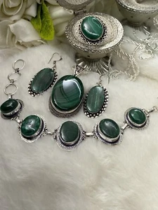 💝925 Silver Malachite Necklace, Bracelet, Earrings, Ring/7 - Picture 1 of 11