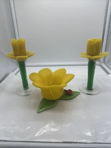 Art Glass Flower Candle Holders Hand Blown Yellow Tulip Daffodils Lady Bug - Picture 1 of 14