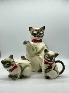 Vintage Set Of Kasuga Ware Ceramic Siamese Cat Tea Set - Picture 1 of 11