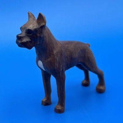 VINTAGE MINIATURE WOOD CARVED FIGURINE OF A BOXER DOG - Image 1 of 4