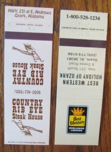 OZARK, ALABAMA MATCHBOOK: COUNTRY RIB EYE & BEST WESTERN MOTEL MATCHCOVERS -E - Picture 1 of 2