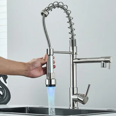 Modern Kitchen Mixer Taps LED Pull Out Spray Head Mono Single Lever Sink Faucet - Image 1 of 4