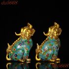 5.6"China Bronze Cloisonne Feng Shui Lucky Animal Lion Foo Dog Statue A Pair