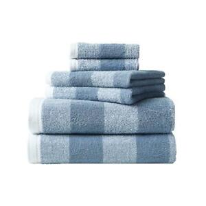 Nautica Bath Towel Set White/Blue Striped Cotton Machine Washable (6-Piece)