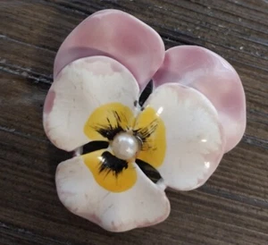 Broche vintage esmalte flores rosa blanco pintado a mano - Imagen 1 de 3