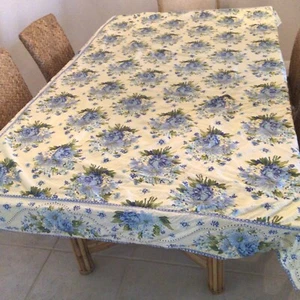 April Cornell Breakfast Tablecloth Blue & Yellow Roses Hydrangeas Cotton 59X98 - Picture 1 of 6