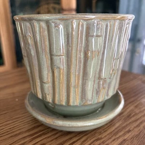 Vintage McCoy Planter Flower Pot Bamboo Pattern Attached Saucer 0372 - Picture 1 of 7