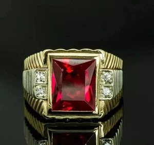 3.00Ct Emerald Cut Lab Created Red Ruby Men Wedding Ring 14k Yellow Gold Plated - Picture 1 of 3