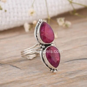 Indian Ruby Pear Shape 925 Silver Ring Red Gemstone Handmade Ring For Women - Picture 1 of 6