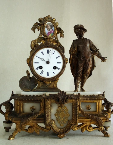 French Romantic table clock painter with alabaster base Cover