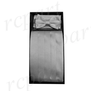 NUEVO en caja formal 100% poliéster sólido Cummerbund_bowtie & hankie set plateado - Imagen 1 de 4