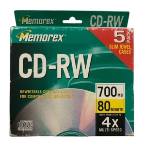 Discos de computadora regrabables Memorex CD-RW 4x multi velocidad 80 minutos 700 MB paquete de 5 - Imagen 1 de 3