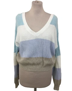 Hollister Women's V-neck Jumper Size M White Blue Brown Cropped Ribbed Used F1 - Picture 1 of 10
