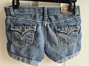 LEVI'S SHORTY SHORTS Sz 12 STRETCH Blue Denim Shorts ADJ WAIST 3" Inseam CUFFED - Picture 1 of 12