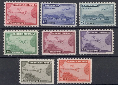 Liberia 1942-4, airmail set(8), maps and planes transatlantic route, NH #C37-44 Cover