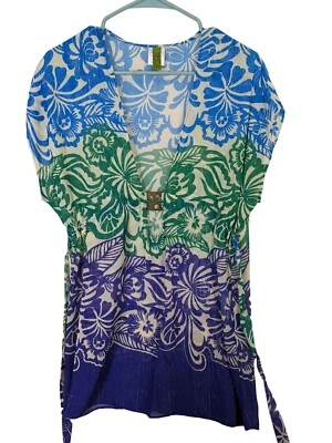 Becca Women size M or L Swim Suit Cover Up Top Blue Purple Floral Sheer Beachy - Image 1 of 4