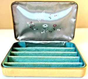Vintage Farrington Jewelry Box Hinged Genuine Felt Lined Green Blue Floral VTG - Picture 1 of 7