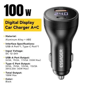 Cargador de Coche Essager 100W USB C QC 3.0 Tipo C PD Adaptador de Carga Rápida para iPhone - Imagen 1 de 10