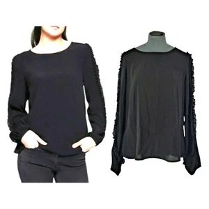 Anthropologie Long Sleeve Blouse Top Black Ruffle Trim Sanctuary Josie Size S - Picture 1 of 10