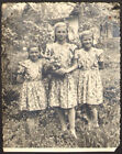 Child kids three girls long hair braids in garden  real old photo 13x10cm #41245