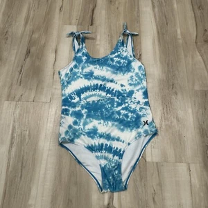 Hurley Girls One Piece Swimsuit Blue Tie Dye Swimwear Shoulder Tie Youth Large - Picture 1 of 8