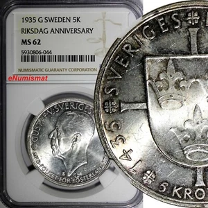 SWEDEN Silver 1935 G 5 Kronor NGC MS62 500th Anniversary of Riksdag KM# 806(044) - Picture 1 of 4