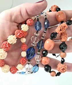 3 Pc Lot Art Deco Vintage Choker Necklace Lot Orange Blue Glass - Picture 1 of 8