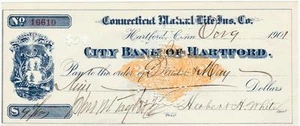1901 stornierter Scheck Stadtbank von Hartford Connecticut gegenseitige Ins. Umsatzmarke - Bild 1 von 3