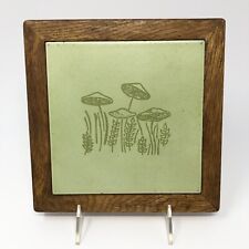 Vintage Mushroom Tile Trivet Wood Frame Green Wall Hanging