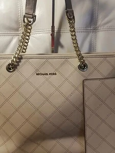 Michael Kors Bag Wristlet Tan Chain X Large Cross Stitch 17x10! Laptop - Picture 1 of 14