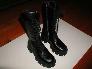 Women's PRADA Pocket Lug-Sole Tall Leather Combat Boots - Black - Size 7 - Picture 1 of 12